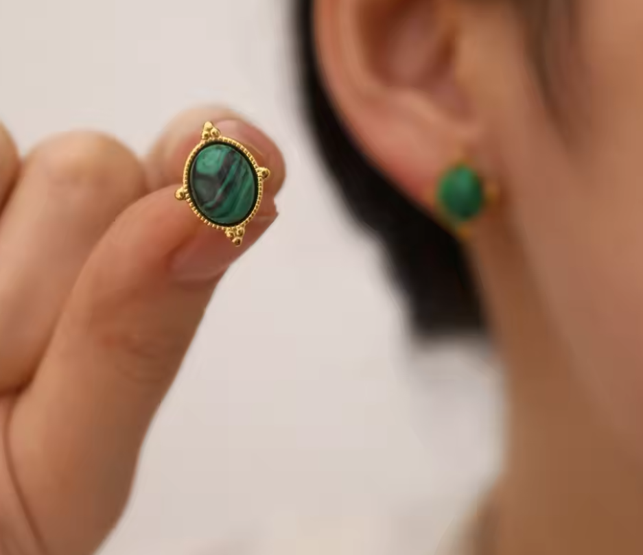Stainless Steel Stud Earrings with Green Striped Stones