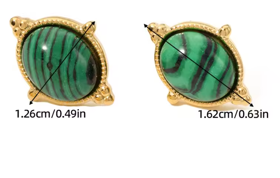 Stainless Steel Stud Earrings with Green Striped Stones